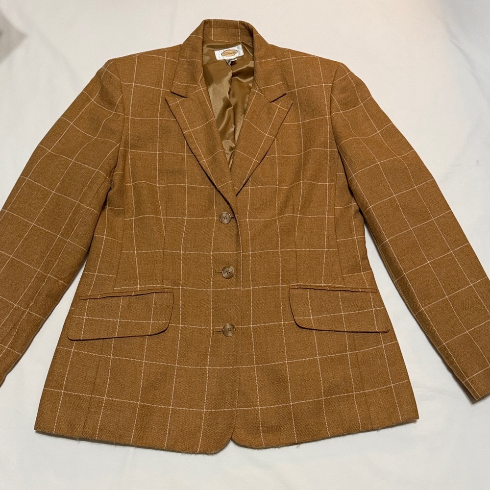 Talbots Brown Checkered Plaid Blazer Wool & Silk Blend size 10